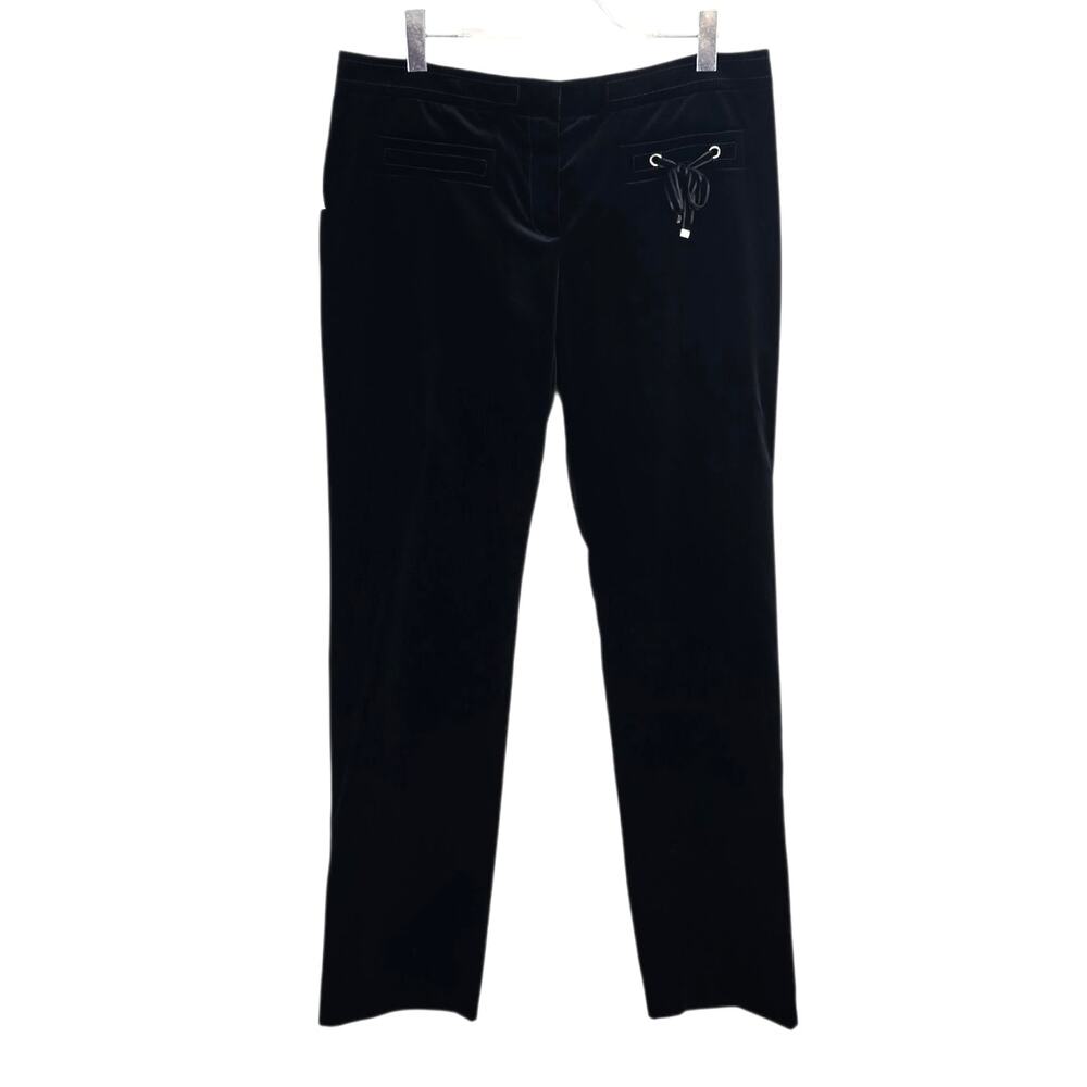 Per Se Black Velvet Straight-Leg Trousers with Ribbon Detail Long Inseam 14 NWT